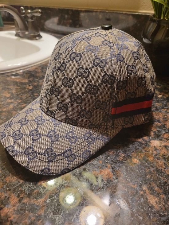 None Other - Gucci Monogram Navy Blue Baseball Cap with Web Stripe
